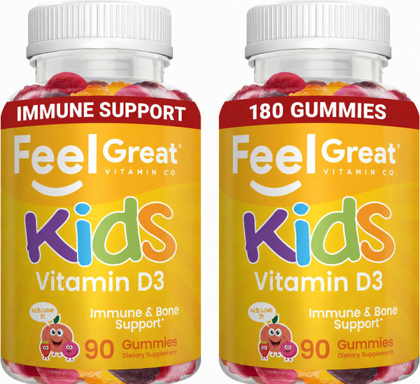 Feel Great Kids Vitamin D3 1000 IU Gummies (2-Pack) | Kids Vitamin D Gummies for Healthy Bones, Mood, & Immune Support | Citrus Flavored Vegetarian D3