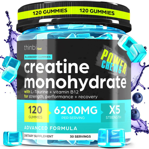 Thinbi Creatine Monohydrate Gummies Complex 6200mg for Men & Women - 120 Gummies Advanced Formula W/L-Taurine + Vitamin B12 for Muscle Strength, Muscle Builder, Energy Boost, Pre-Workout Supplement