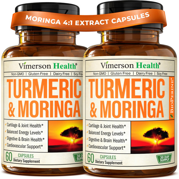 Moringa Capsules – 3-in-1 Turmeric Moringa Supplement with BioPerine (Black Pepper Extract) for Max Absorption – Potent 4:1 Moringa Oleifera Extract + Tumeric for Energy & Joint Support – 2 Pack