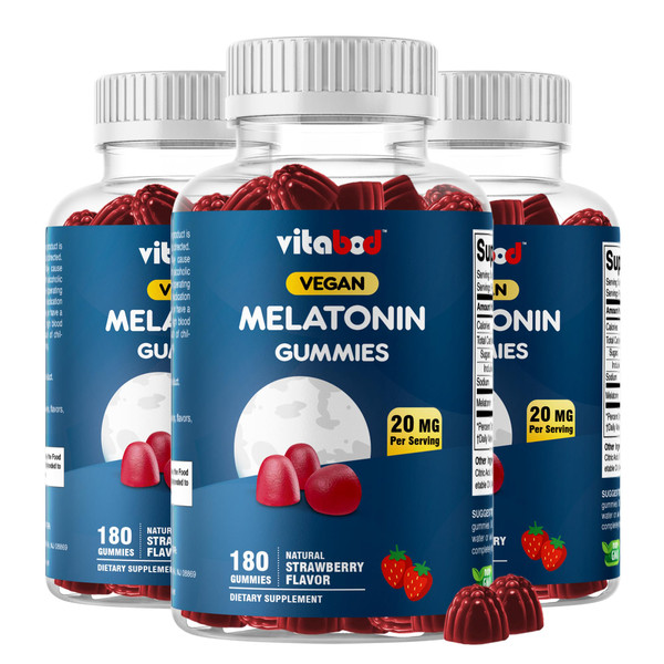 Vitabod Melatonin 20mg Gummies - 180 Count - Drug Free - Natural Strawberry Flavor - Vegetarian, Non-GMO, Gluten Free (3 Bottles)