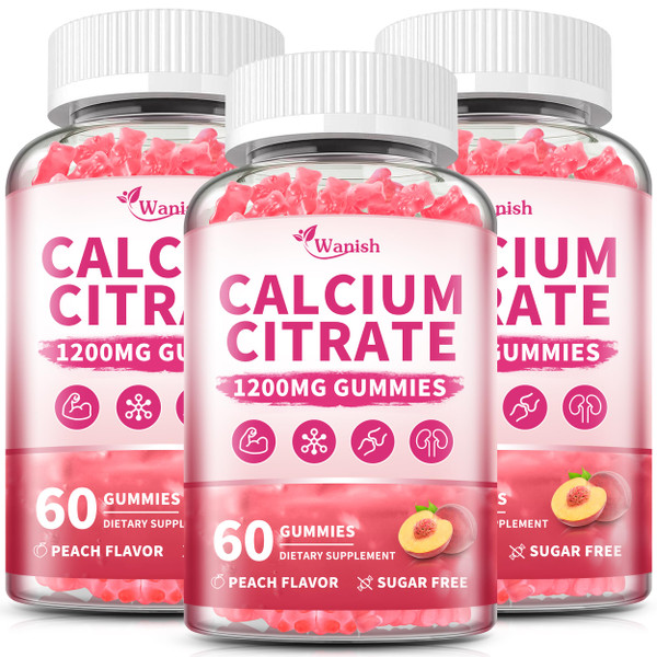 (3 Pack) 1200 mg Calcium Citrate Gummies Supplements for Women & Men,Pure Calcium Citrate Gummies for Bone, Muscle & Immune Support - Easy to Digest, Sugar Free,Vegan,Peach Flavor,60 Day Supply