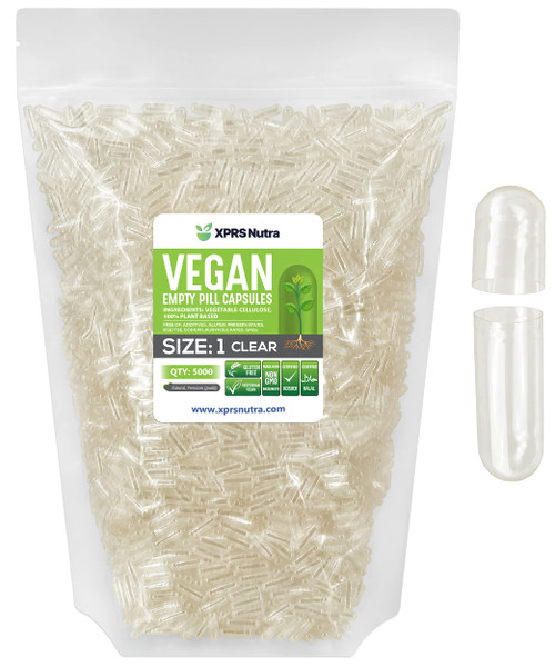 XPRS Nutra Size 1 Empty Capsules - 5000 Count Clear Empty Vegan Capsules - Vegetarian Pills - DIY Vegetable Capsule Filling- Veggie Pill Caps for Do-It-Yourself Supplements