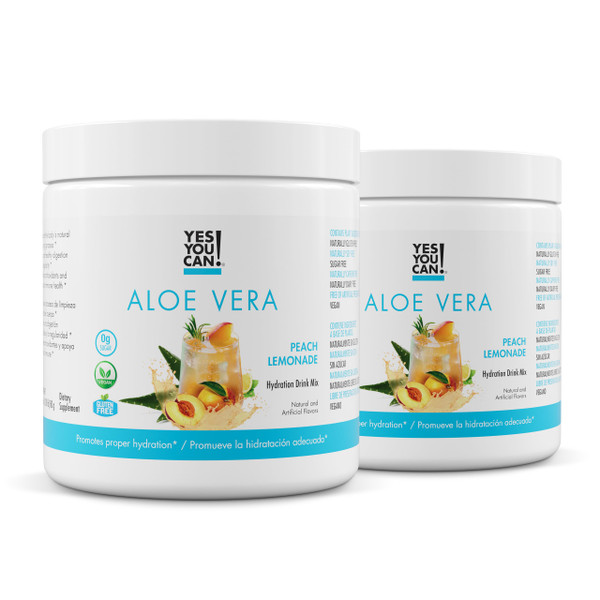 Yes You Can! Aloe Vera Powder Drink Mix - Hydration Booster Infused with Pure Organic Aloe Vera Extract - Delicious Flavors - Made in USA - Antioxidant Rich - Peach Lemonade Flavor - 40 Servings Per Canister (2 Pack)
