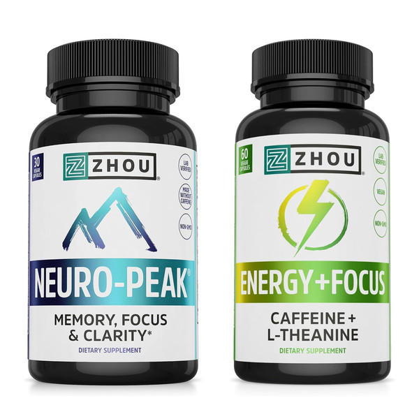 ZHOU Brain & Energy Support Bundle - Nootropic Brain Supplement for Memory & Focus, 200mg L-Theanine & 100mg Caffeine Pills, Natural Caffeine Boost - Energy + Focus (60 Caps) & Neuro-Peak (30 Caps)