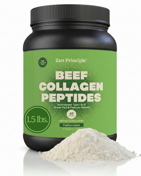 Zen Principle Grass-Fed Agglomerated Hydrolyzed Collagen Peptides 1.5 lb. Anti-Aging Protein for Healthy Hair, Skin & Joints. Paleo Friendly, GMO and Gluten Free, Pasture-Raised Bovine.