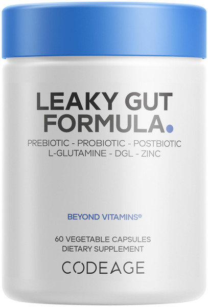 Codeage Leaky Gut Supplement, L-Glutamine, N-Acetylglucosamine, Probiotic, Butyric Acid, Polyphenols, Quercetin, DGL, Marshmallow Root, Berberine, BioPerine, Cinnamon, Vegan, Non-GMO, 60 Capsules