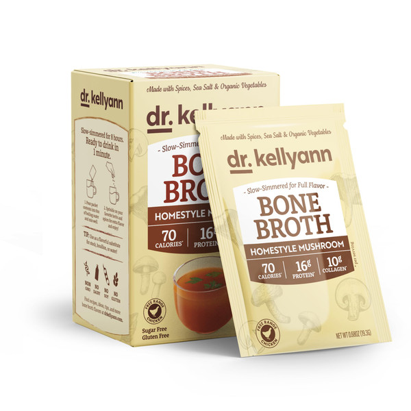 Dr. Kellyann Homestyle Mushroom Bone Broth Packets (7 Servings) – 16g Protein, Grass-Fed Hydrolyzed Collagen, Keto & Paleo-Friendly