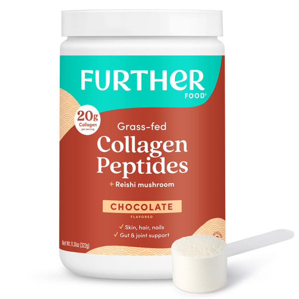 Further Food Chocolate Collagen Peptides Powder with Reishi Mushroom - 100% Grass-Fed, Hydrolyzed Type 1 & 3, 20g of Collagen per Serving, Supports Skin, Hair, Nails & Joints, 11.36 Oz