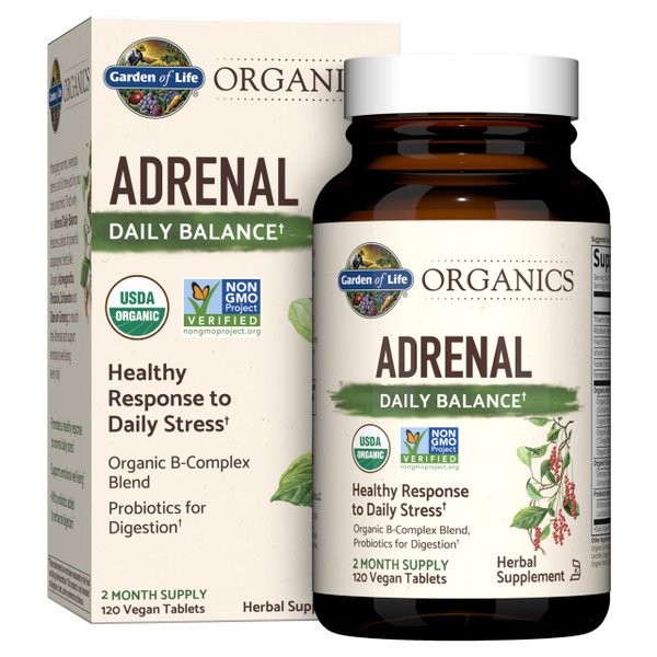 Garden of Life Organics Adrenal Daily Balance Supplement with Adaptogenic Herbs, Probiotics, Key B Vitamins– Adrenal Supplement for Stress & Energy, Non-GMO, Vegan, Gluten Free, 120 Tablets
