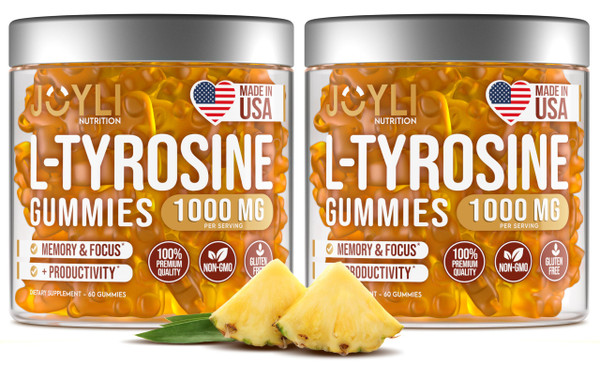 2 Pack - JOYLI L-Tyrosine Gummies 1000MG – Sugar-Free Vegan Focus Supplement & Mood Support for Kids & Adults – 500mg Per Gummy – Sleep Gummies for Memory, Energy & Wellness – 60 Pcs per Pack