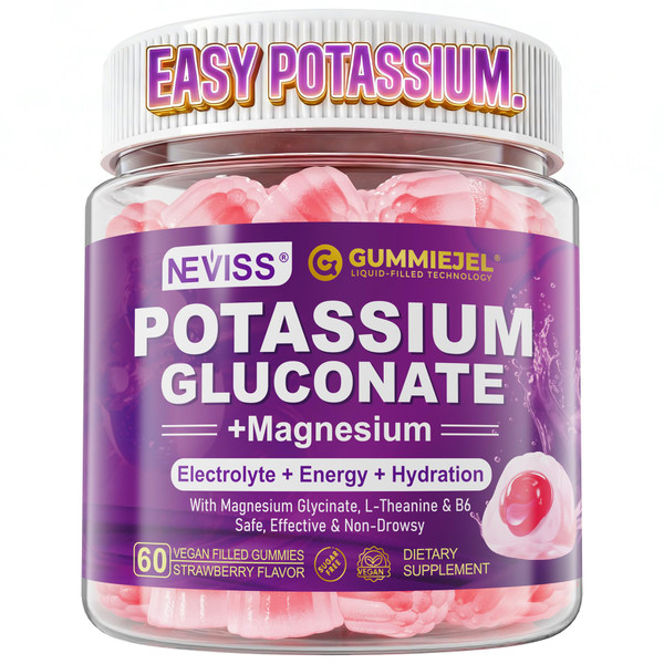 Potassium Gluconate 1300mg Gummies for Adults Women & Men, Potassium Supplements w/Magnesium Glycinate, B6 & L-Theanine, Electrolyte Gummies for Hydration, Energy, Muscle&Night Leg Cramp Relief, 60Ct