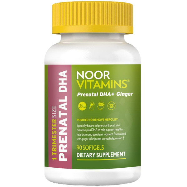 Noor Vitamins Halal Prenatal Vitamins with DHA and Folic Acid, Essential Vitamins, Ginger to Soothe Mom's Stomach, Iron, Softgels, Prenatal Vitamin Before/During/Post Pregnancy (3 Months Supply)