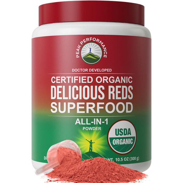 Peak Performance Organic Reds Superfood Powder, Best Tasting Red Juice Super Food w/ 25+ All Natural Ingredients & Polyphenols, Vital for Max Energy and Detox - Raspberry, Elderberry, Beetroot