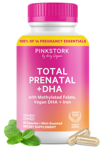 Pink Stork Total Prenatal Vitamins for Women | Vegan DHA, Methylfolate, Iron, Choline, Vitamin B12 | Preconception Nutrition | No Fishy Burps | Pregnancy Essentials | Clean Label Award, 60 Count, Mint