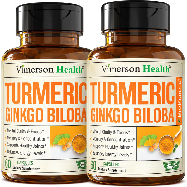 Ginko Biloba Capsules with Ginkgo Biloba 120mg & Organic Turmeric for Joint Support, Focus and Brain Health – Gingo Biloba Supplement with Black Pepper (Bioperine) for Max Absorption – 2 Pack