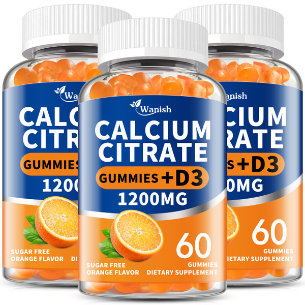 (3 Pack)Calcium Citrate 1200mg with Vitamin D3 Gummies for women & Men，Calcium Citrate Supplement for Bone & Teeth Support,High Absorption-Easy to Digest, Sugar Free,Vegan,Orange Flavor,90 Day Supply