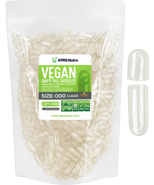 XPRS Nutra Vegan Size 000 Empty Capsules - 1000 Count Clear Empty Vegan Capsules - Vegetarian - DIY Vegetable Capsule Filling - Veggie Pill Caps Pills