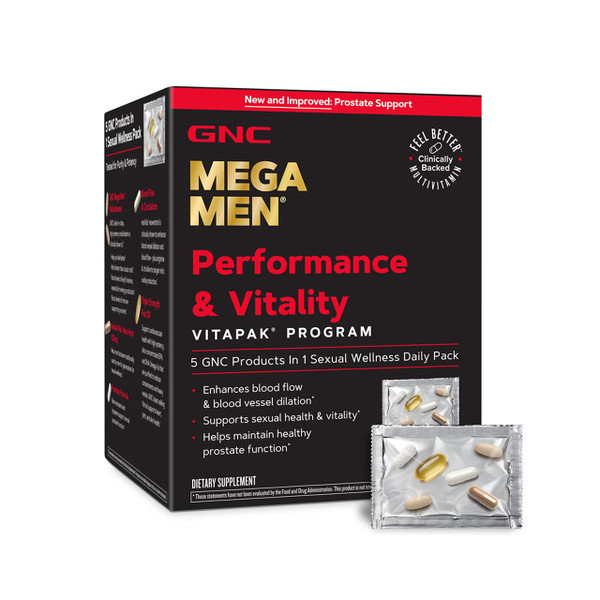 GNC Mega Men Performance and Vitality Vitapak Program for Men, Convenient Complete Nutrition, 5 Products in 1 Packet, Circulation, Blood Flow, Prostate Health, Stronger Drive, 30 Packs