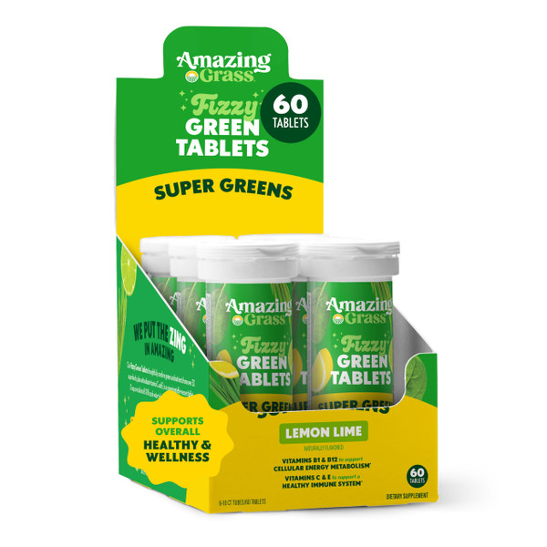 Amazing Grass Fizzy Green Tablets, Effervescent, Greens Tablets, Water Flavoring, Antioxidants & Alkalizing Greens, Vitamin C, Vitamin E, B1, B12, Superfood Lemon Lime, 60 Count (Packaging May Vary)