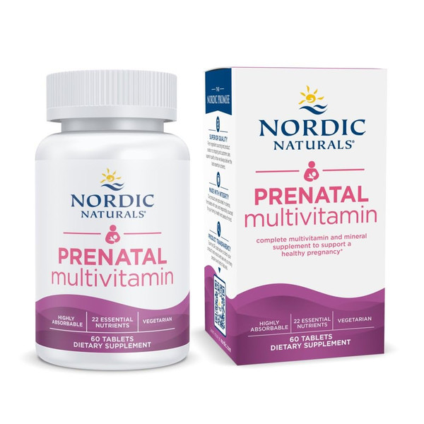 Nordic Naturals Prenatal Multivitamin for Women - Daily Vegetarian Prenatal Vitamins - 22 Essential Nutrients, Including B6, Folate, and Iron - 60 Tablets - 30 Servings