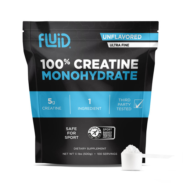 Fluid Creatine - Informed Sport Certified | Ultra-Fine Micronized 100% Creatine Monohydrate Powder | Unflavored | 5g Serving | 100 Serving Bulk Pack