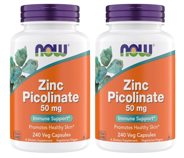 Now Supplements, Zinc Picolinate 50 mg, Supports Enzyme Functions, Immune Support, Non-GMO, Kosher, Suitable for Vegans - 240 Vegetarian Capsules (Pack of 2)
