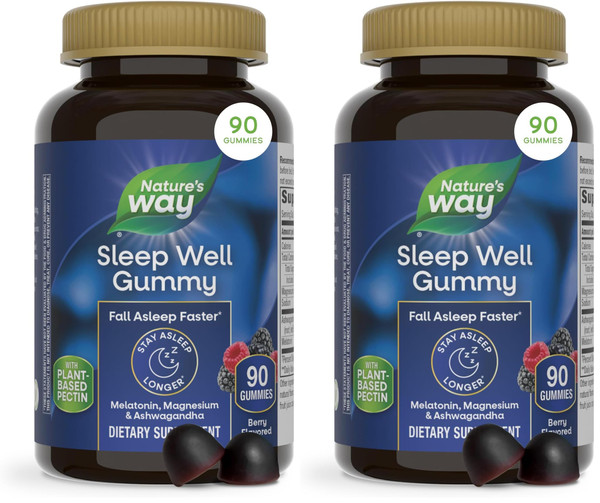 Nature's Way Sleep Well Melatonin and Magnesium Gummies,Sleep Support for Adults*,with Ashwagandha,Berry Flavored,90 Gummies,(Pack of 2)