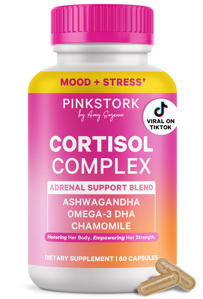 Pink Stork Cortisol Complex for Women - Adaptogenic Adrenal + Stress Support - 300mg Organic Ashwagandha, Algae DHA, Saffron, Methylated B Vitamins - Non-Drowsy - Mood + Hormone Balance - 60 Capsules