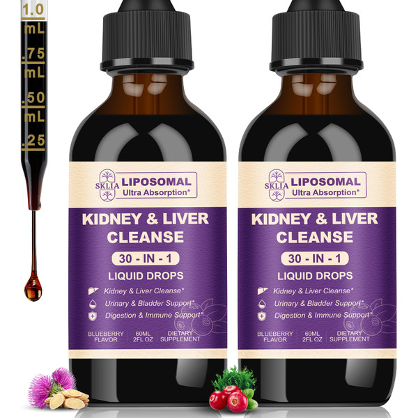 30-in-1 Kidney and Liver Cleanse Detox & Repair Drops with Cranberry Extract, Milk Thistle & Chanca Piedra, Vegan Kidney Support Supplement for Urinary Tract & Liver Support | Blueberry Flavor, 2P