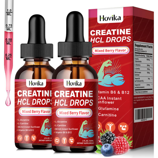 Hovika Creatine HCL Liquid Drops for Men & Women, Creatine Hydrochloride with L-Carnitine, L-Glutamine, BCAA, Vitamin B12 & B6 for Muscle Growth & Recovery-Vegan, Mixed Berry Flavor Flavor, 4 Fl Oz