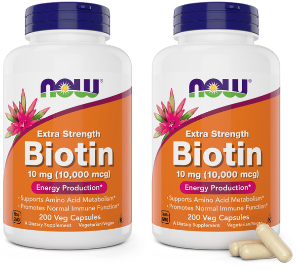 NOW Foods Extra Strength Biotin 10,000mcg / 10 mg - 200 Veg Capsules (Pack of 2) - Hair, Skin, Nail - Supplement for Men and Women - B7 Vitamin - Vegetarian, Vegan, Non-GMO