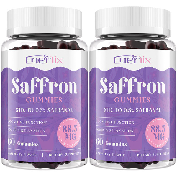 Enerlix Saffron Gummies 88.5 mg with Magnesium, Max Strength Saffron Supplements with St. John’s Wort, GABA, Rhodiola, Rosemary & Passion Flower Extracts for Mood, Focus - 120 Servings