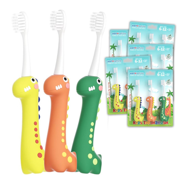 Well Before Dinosaur Kids Toothbrush, 0.12mm Soft Filament Toddler Toothbrush for Kids 6-12 Make Brushing Fun and Protect Kids Delicate Teeth (Pack of 15)