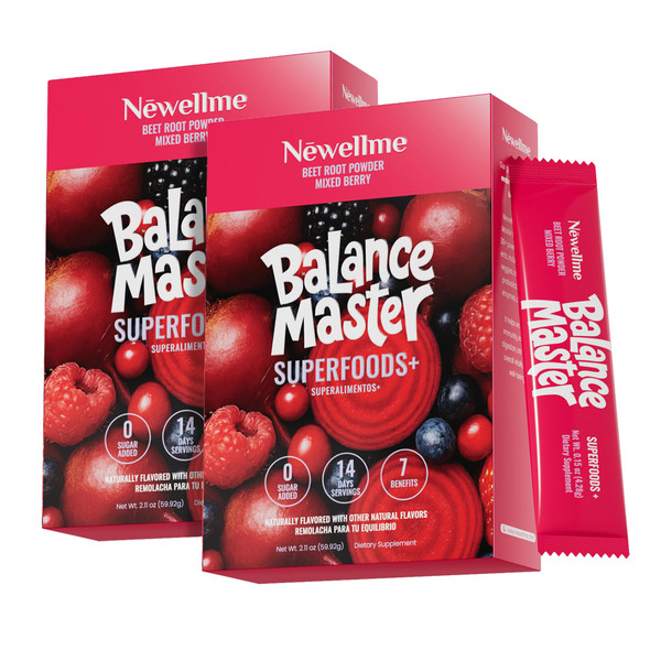 NEWELLME Balance Master Super Reds Powder Stick Packs, Beet Root Drink Mix with Prebiotic Fiber, Probiotics & Enzymes, Nitric Oxide Support, 0 Sugar Added, Mixed Berry, 28 Count