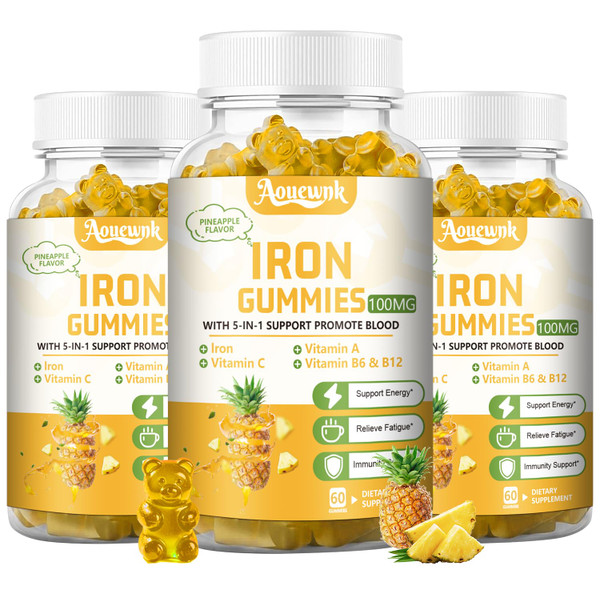 Aouewnk 3 Packs 100MG Iron Supplements Gummies for Women & Men - Contains Vitamin C, A, B - Suitable Adults & Kids, Iron Deficiency, Immune & Energy Support, Pineapple Flavor, Non-GMO, 180 Counts
