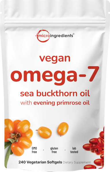 Vegan Omega-7 Sea Buckthorn Oil, 240 Vegetarian Softgels | 2-in-1 with Evening Primrose Oil | Plant Based Botanical Oil Blend | Non-GMO, Gluten, & Carrageenan Free