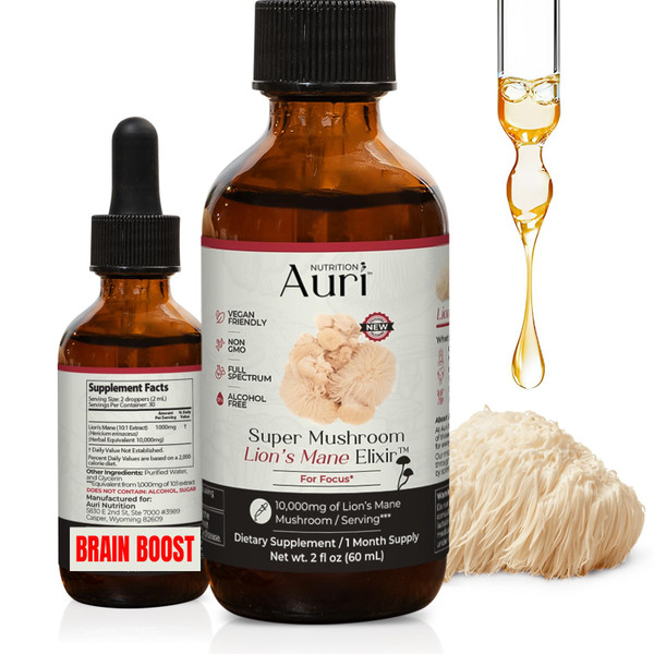 Auri Nutrition Lion’s Mane Liquid Elixir - Brain Supplements for Memory and Focus with Functional Mushrooms - Lions Mane Supplement, Full Spectrum Lion's Mane Extract - No GMO, Vegan Mushroom Tincture