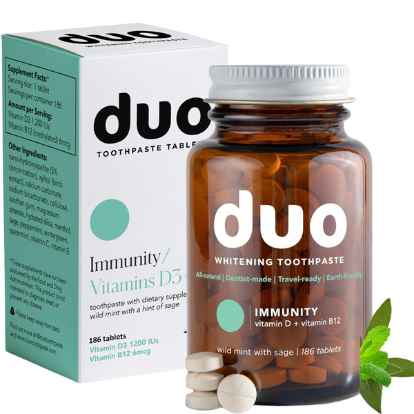 Duo Immunity Toothpaste Tablets – Vitamin D3 + B12 with Nano-Hydroxyapatite | Oral Health Supplement | Wild Mint & Sage Flavor | 186 Tablets, 1 Bottle