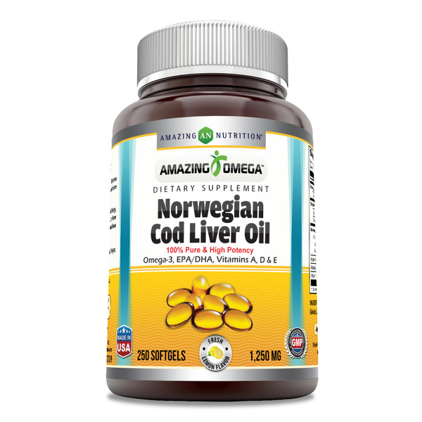 Amazing Omega Norwegian Cod Liver Oil 1250 Mg Softgels Supplement | Omega-3, EPA, DHA, Vitamin A, Vitamin D & Vitamin E (Lemon | 250 Count)