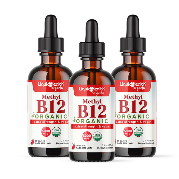 LIQUIDHEALTH USDA Organic Methyl Vitamin B12 Methylcobalamin Liquid Drops with Tart Cherry Juice - Boost Energy, Immune Support, Improve Memory & Concentration - USA Made, Vegan, Non-GMO (3 Pack)