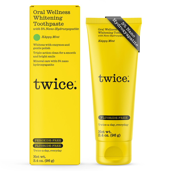 Twice 5% Nano Hydroxyapatite Whitening Toothpaste - Fluoride & Peroxide Free, Vegan, Gentle Triple-Action Clean for Everyday Oral Care - Happy Mint - 3.4oz (Pack of 6)