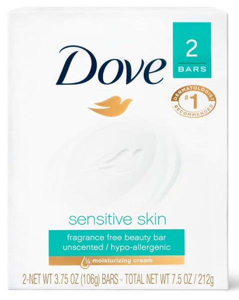 Dove Beauty Bar Soap Sensitive, 24 Bars for Sensitive Skin, Fragrance Free and Hypoallergenic 3.75 oz