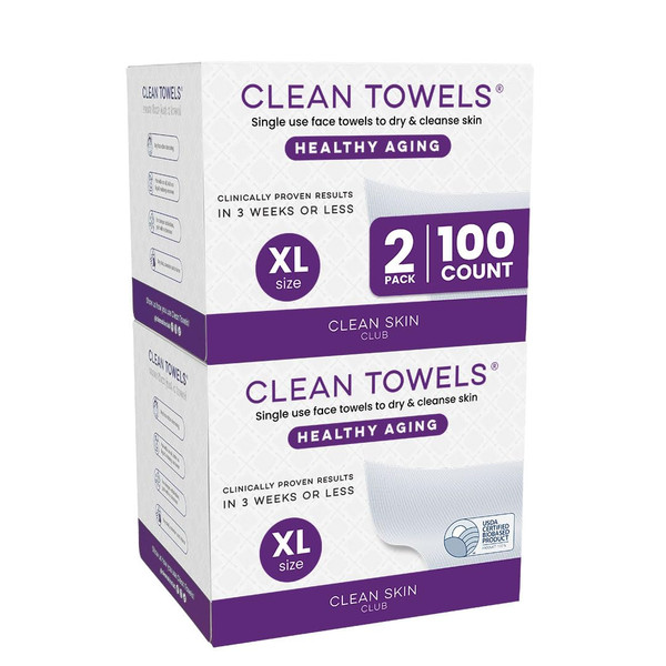 Clean Skin Club Healthy Aging Clean Towels® XL, Smooths, Treated for Extra Softness, Disposable Face Towels, Anti Aging Makeup Remover Dry Wipe, 2 Packs, 100 Ct Total