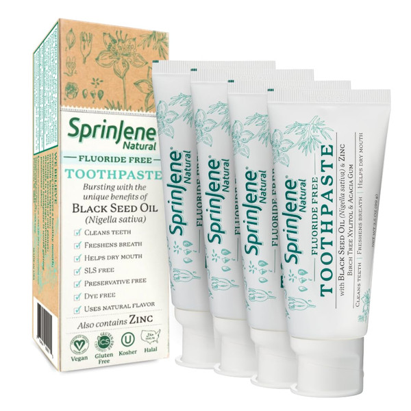 SprinJene Natural Toothpaste – Fluoride Free Clove & Mint Toothpaste for Healthy Gums & Fresh Breath – Gum Care with Patented Black Seed Oil & Zinc – Made in the USA (4 Pack)