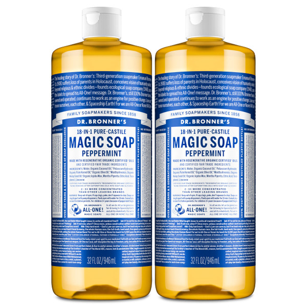 Dr. Bronner's Pure-Castile Magic Liquid Soap- Made with Regenerative Organic Oils- For Body, Face, Hair, Dishes, Pets, Laundry Natural, Vegan, Non-GMO - Peppermint, 32 oz (2-Pack)