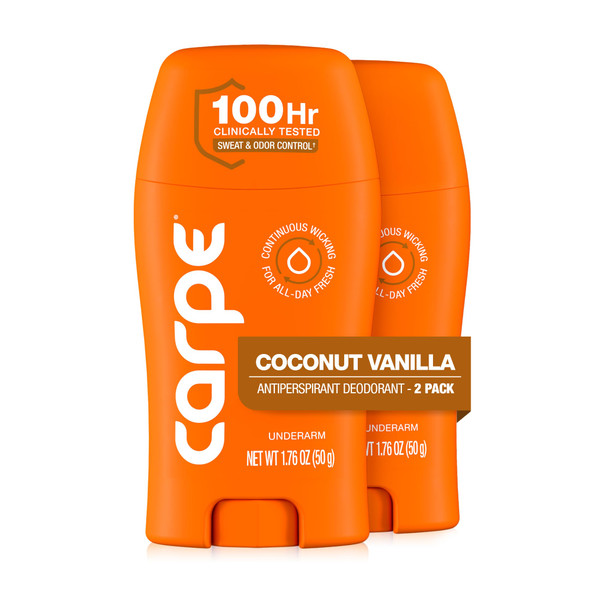 Carpe Underarm Antiperspirant - Coconut Vanilla Deodorant for Women - 100 Hour Sweat & Odor Control - Deodorant for Sweating - Clinical Strength Antiperspirant - Coconut Vanilla Scent - 2 Pack