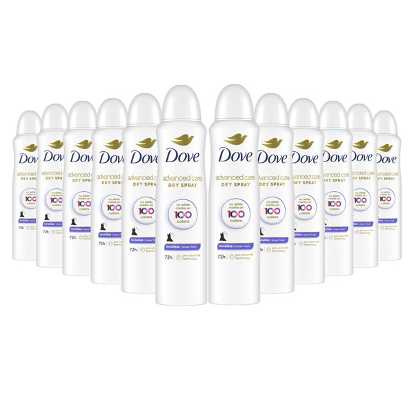 Dove Advanced Care Invisible Dry Spray Antiperspirant Deodorant No White Marks on 100 Colors Sheer Fresh 48-Hour Sweat and Odor Protecting Deodorant for Women 3.8 oz, Pack of 12