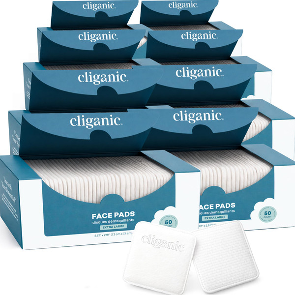 Cliganic Extra Large Face Pads (400 Count) - Soft, Extra Absorbent, Ultra Durable, Hypoallergenic, For Makeup, Nail Polish & Daily Buildup Removal, Toner & Cleanser Application, Dual Sided & Lint-Free