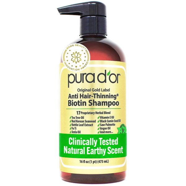 PURA D'OR Original Gold Label Anti-Thinning Shampoo - CLINICALLY TESTED - Biotin & Argan Oil – Sulfate-Free Strengthening & Volumizing for Fuller-Looking Hair, Men & Women, Natural Earthy Scent 16 oz