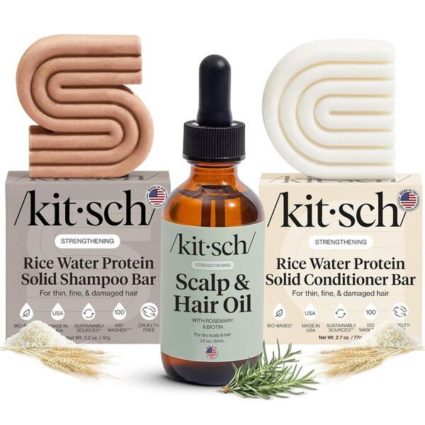 Kitsch Rice Water Shampoo and Conditioner Set + Pre-Wash Scalp Serum with Rosemary and Biotin – Shampoo and Conditioner Bar for Hair Growth & Scalp Nourishment Hair Care – 3pc Set